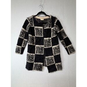 Y2K Pitti Wool Cashmere Fuzzy Cardigan Coat – Black Cream Minimalist Sweater